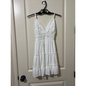 ECOWISH Dress Small Spaghetti Strap Bowknot Lace Open Back Crochet Mini Boho